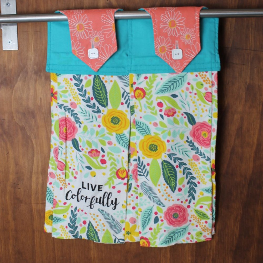 "LIVE COLORFULLY" 2 SET TOWEL PEACH & TEAL GREEN FLORAL HANDMADE HANGING KITCHEN